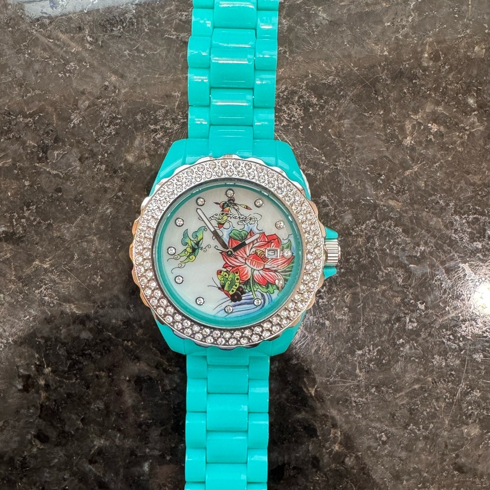 Ed Hardy Watch Women 42mm Turquoise Floral Silver Tone Crystal Bling Dial NWOT